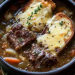 Bowl of French Onion Short Rib Soup with cheesy Gruyère toast on the side