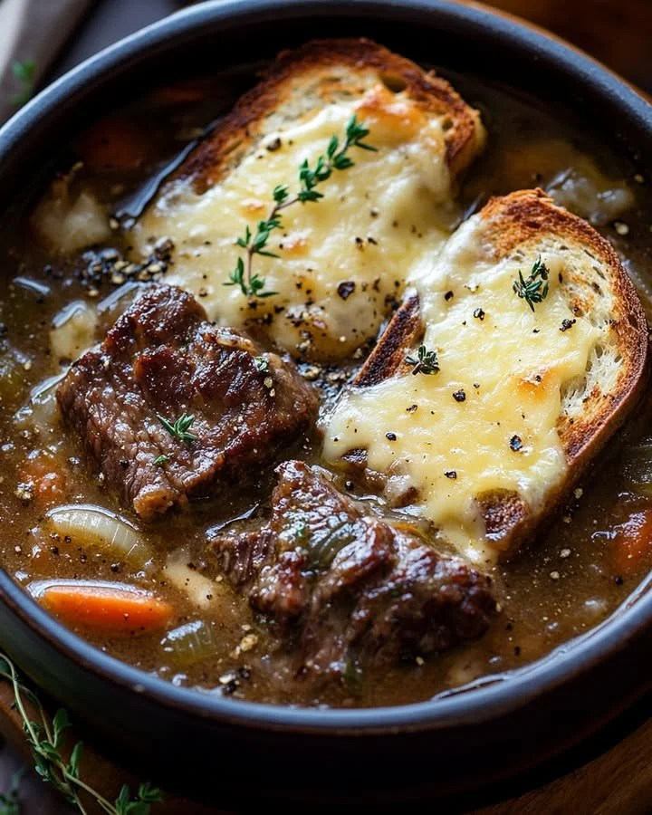 Bowl of French Onion Short Rib Soup with cheesy Gruyère toast on the side