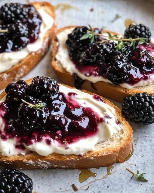 Freshly made Blackberry Thyme Toast with Greek yogurt and honey drizzle