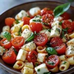 Fresh Caprese Pasta Salad with homemade vinaigrette and colorful ingredients.