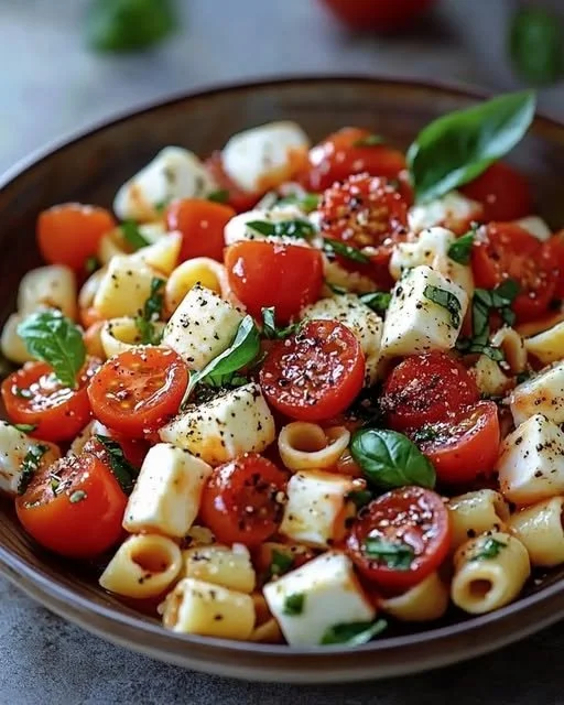Fresh Caprese Pasta Salad with homemade vinaigrette and colorful ingredients.