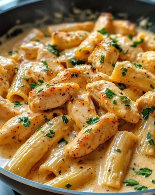 Delicious Garlic Chicken Pasta served in a bowl with herbs and grated cheese