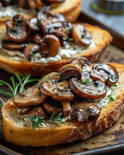 Delicious Garlic Mushroom Toast topped with fresh herbs and spices
