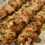 Delicious Garlic Parmesan Chicken Skewers on a plate garnished with herbs