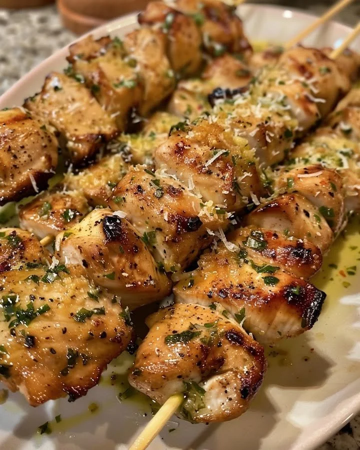 Delicious Garlic Parmesan Chicken Skewers on a plate garnished with herbs