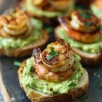 Garlic shrimp and avocado crostini ready to serve as a delicious appetizer.