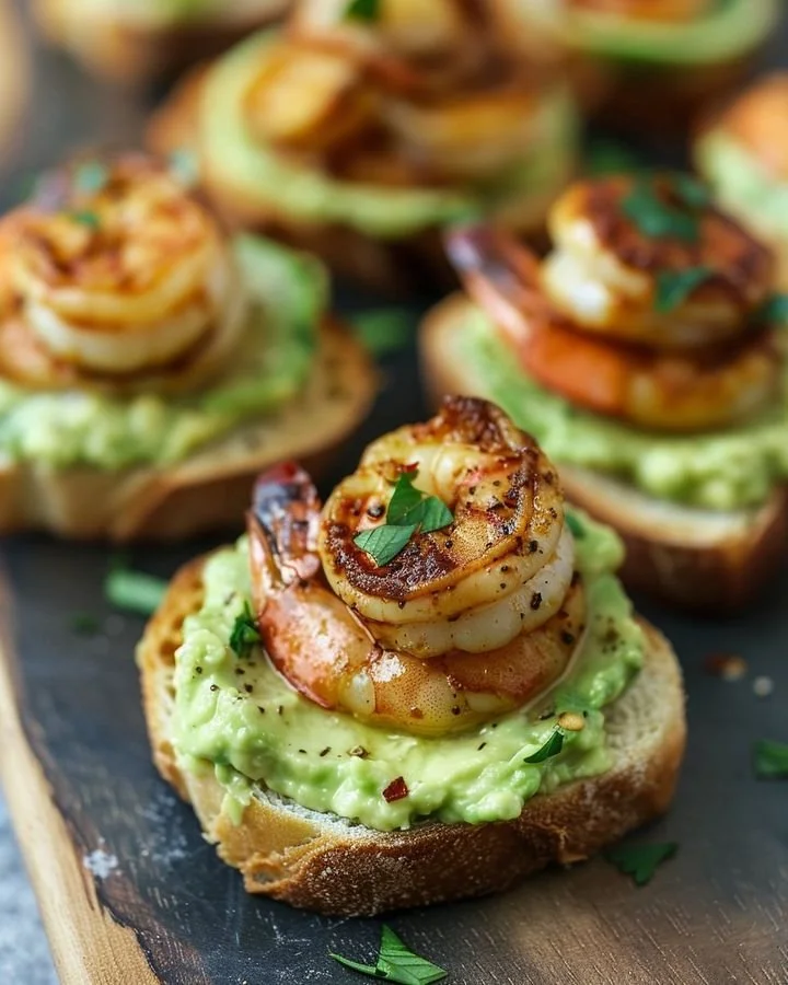 Garlic shrimp and avocado crostini ready to serve as a delicious appetizer.