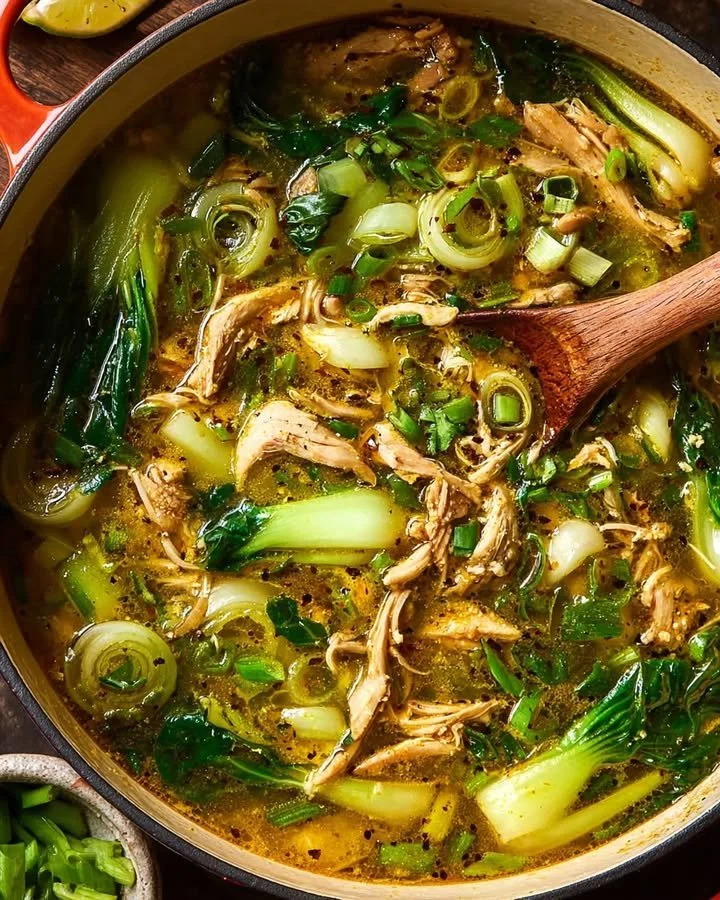 Bowl of Ginger Chicken and Rice Soup with Bok Choy