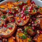 Glazed sweet potatoes with pomegranate and pecans on a serving platter