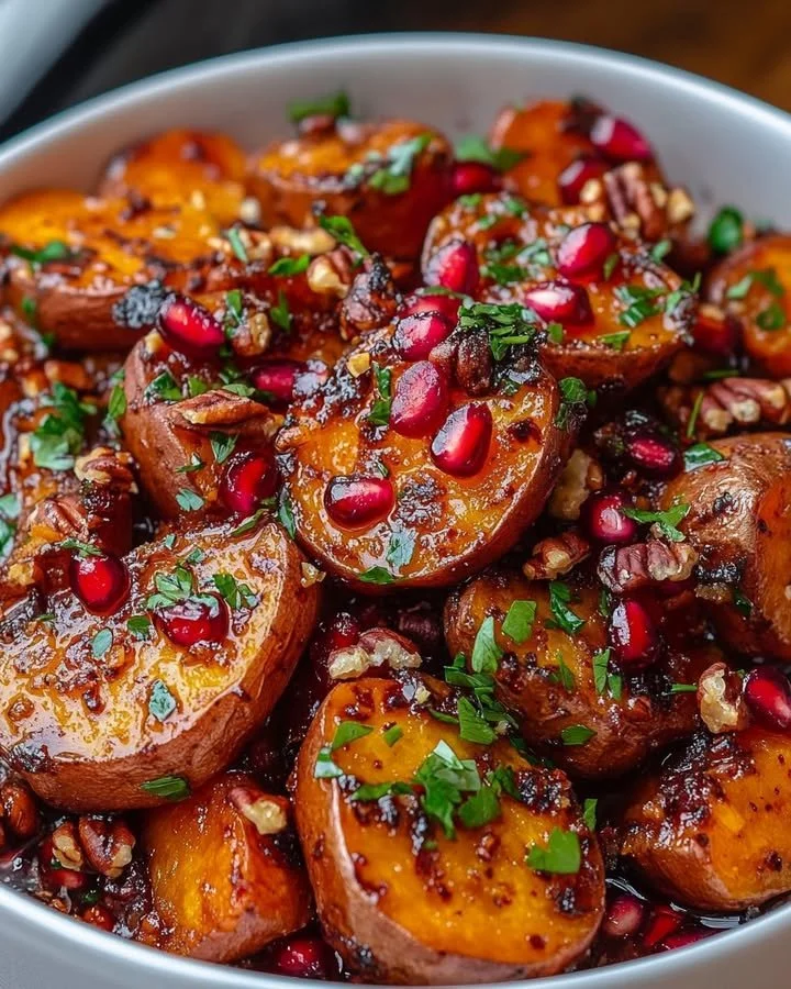 Glazed sweet potatoes with pomegranate and pecans on a serving platter