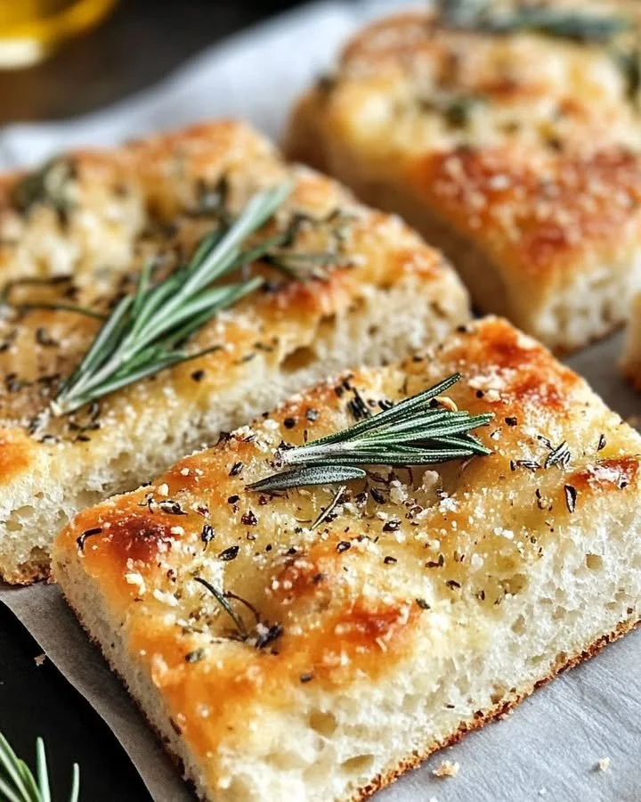 Freshly baked gluten-free focaccia topped with rosemary and parmesan cheese