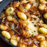 Gnocchi with caramelized onions and Gruyère cheese served on a plate