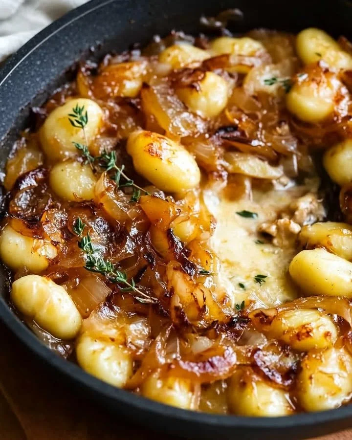 Gnocchi with caramelized onions and Gruyère cheese served on a plate
