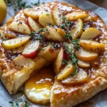 Golden baked brie topped with caramelized apples and thyme on a rustic board.