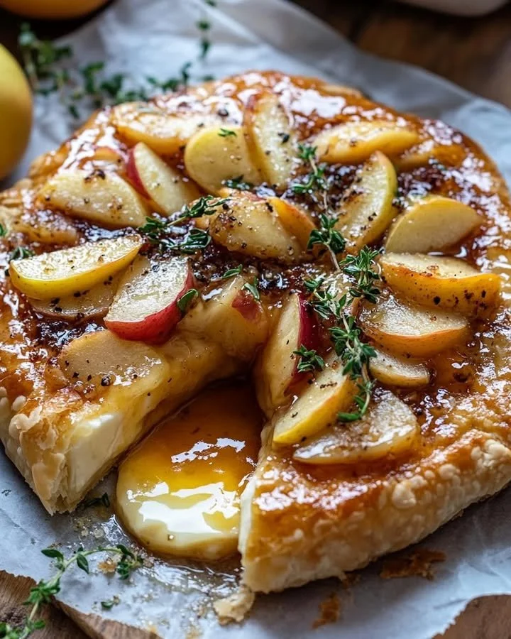 Golden baked brie topped with caramelized apples and thyme on a rustic board.