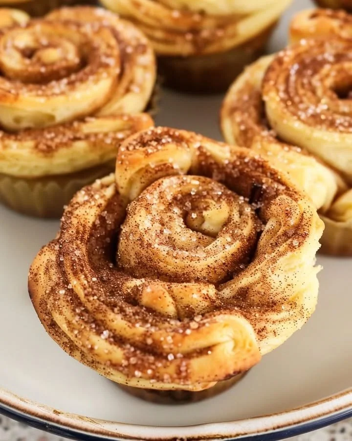 Golden Cinnamon Twist Muffins fresh out of the oven, topped with cinnamon sugar.