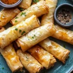 Golden crispy feta rolls drizzled with spiced honey on a plate