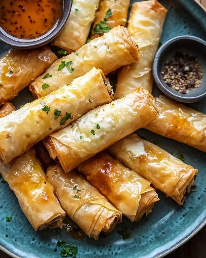 Golden crispy feta rolls drizzled with spiced honey on a plate