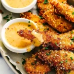 Golden Parmesan Chicken Tenders served on a plate with a garnish.