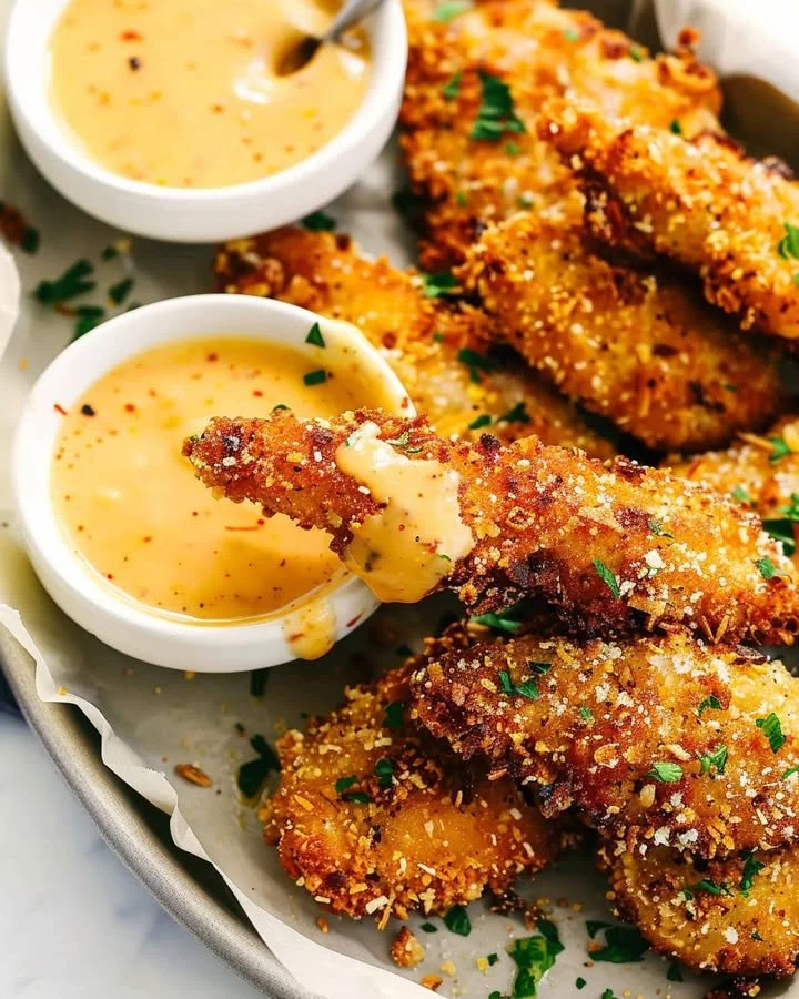 Golden Parmesan Chicken Tenders served on a plate with a garnish.