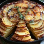 Golden potato and balsamic torte garnished with fresh thyme