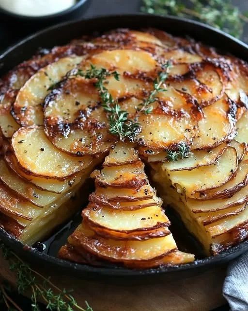 Golden potato and balsamic torte garnished with fresh thyme