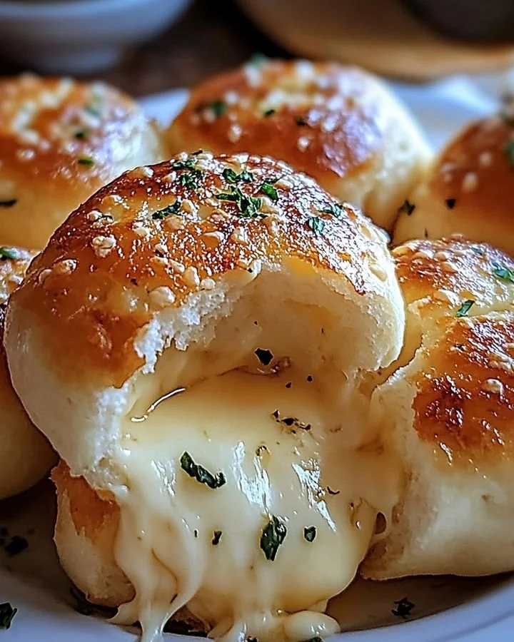 Gooey garlic butter cheese-filled biscuit bombs on a wooden board