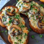 Gourmet cheesy mushroom and garlic toasts served on a rustic wooden platter.