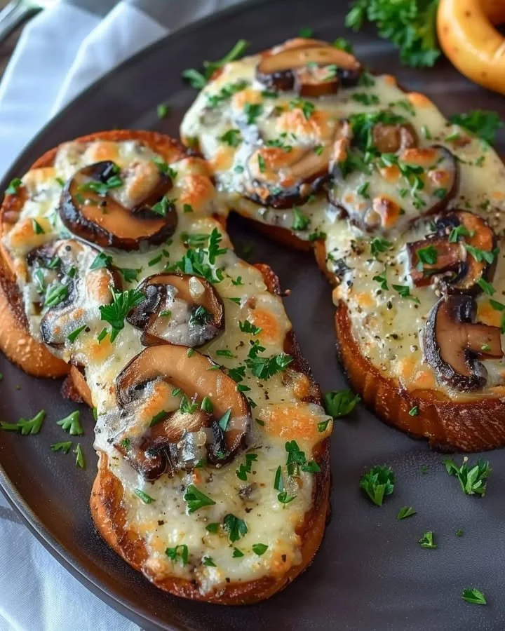 Gourmet cheesy mushroom and garlic toasts served on a rustic wooden platter.