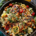 Plate of Greek Chicken served with lemon rice and fresh herbs