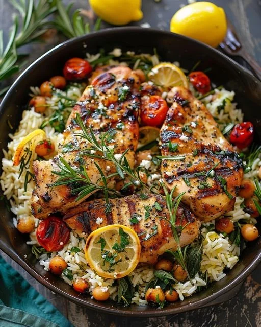Plate of Greek Chicken served with lemon rice and fresh herbs