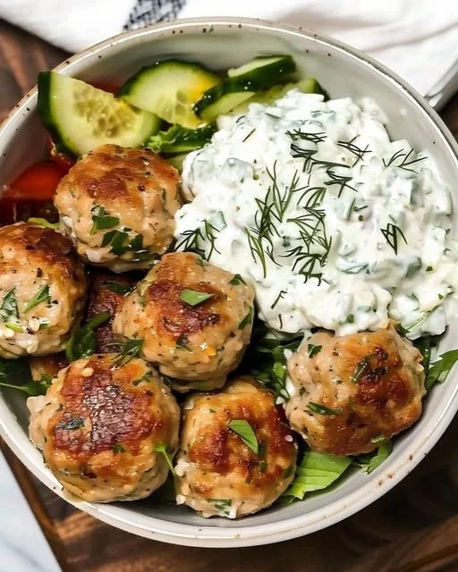 Plate of Greek chicken meatballs served with creamy homemade tzatziki sauce.