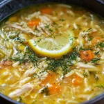 Bowl of Greek Lemon Chicken Orzo Soup with fresh herbs and lemon slices