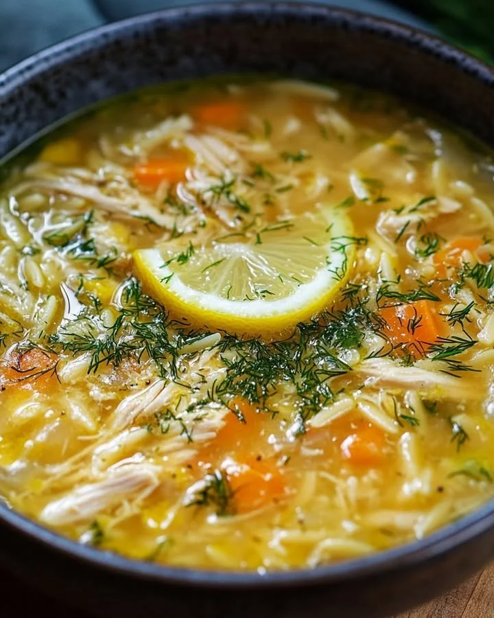 Bowl of Greek Lemon Chicken Orzo Soup with fresh herbs and lemon slices