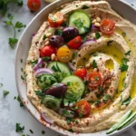 Delicious Greek style loaded hummus topped with olives and herbs