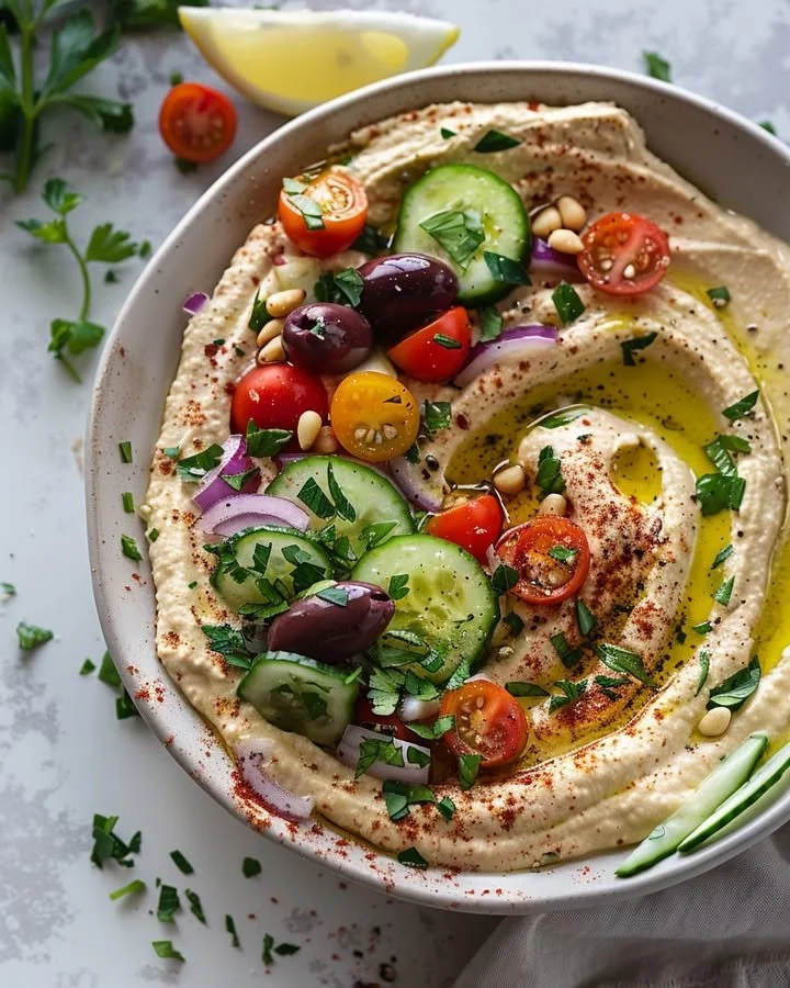Delicious Greek style loaded hummus topped with olives and herbs