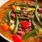 Bowl of Green Bean and Smoked Meat Vegetable Soup garnished with herbs