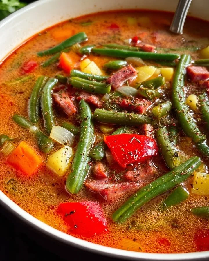 Bowl of Green Bean and Smoked Meat Vegetable Soup garnished with herbs
