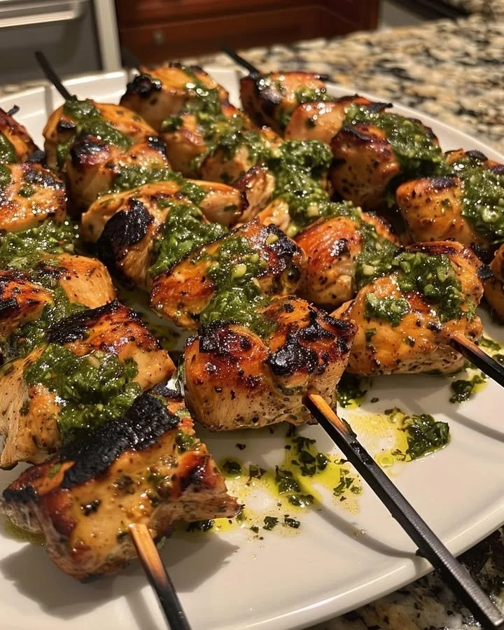 Grilled chicken topped with fresh chimichurri sauce on a plate