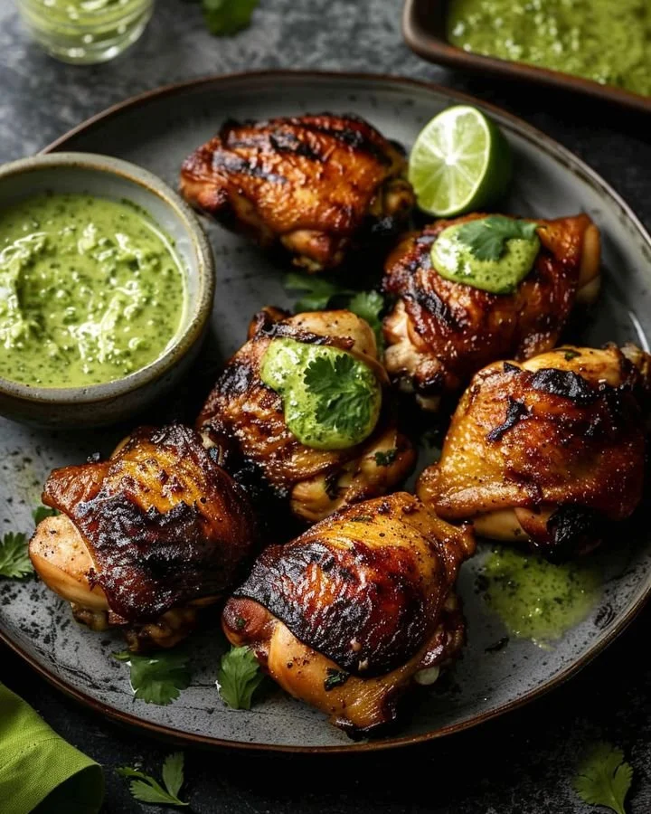 Grilled chicken served with a vibrant green sauce