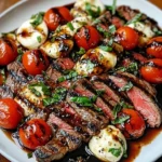 Grilled flank steak caprese salad topped with balsamic dressing on a plate.