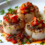 Grilled scallops served with tomato chutney and roasted peppers on a plate