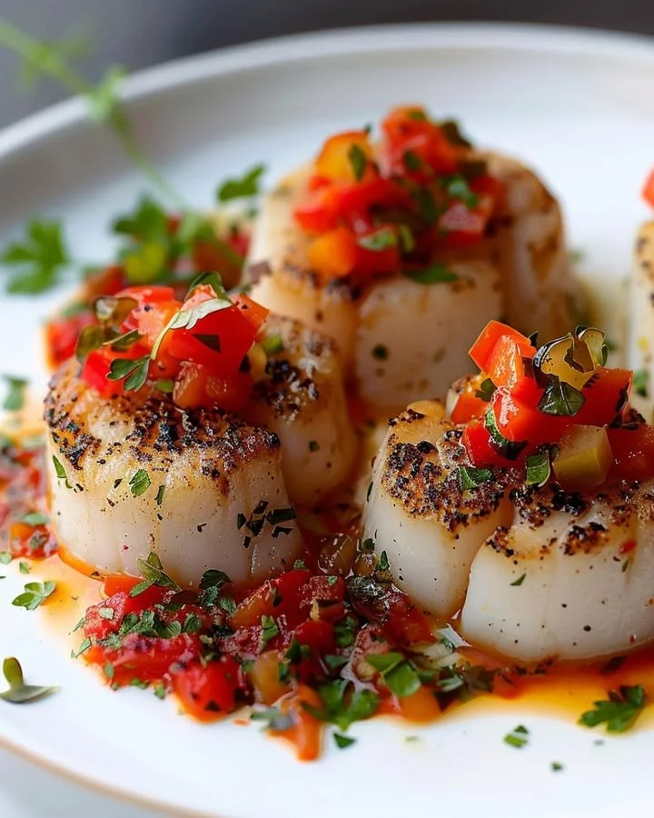 Grilled scallops served with tomato chutney and roasted peppers on a plate