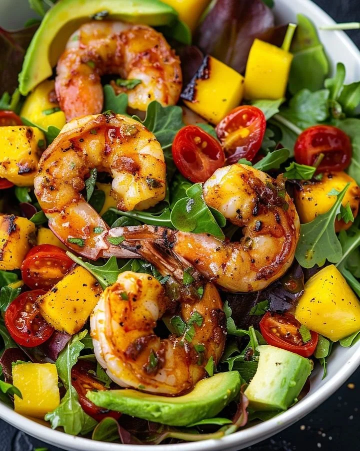 Delicious grilled shrimp salad with fresh greens and cherry tomatoes