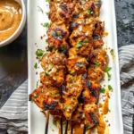 Grilled Thai Curry Chicken Sticks served on a plate with dipping sauce