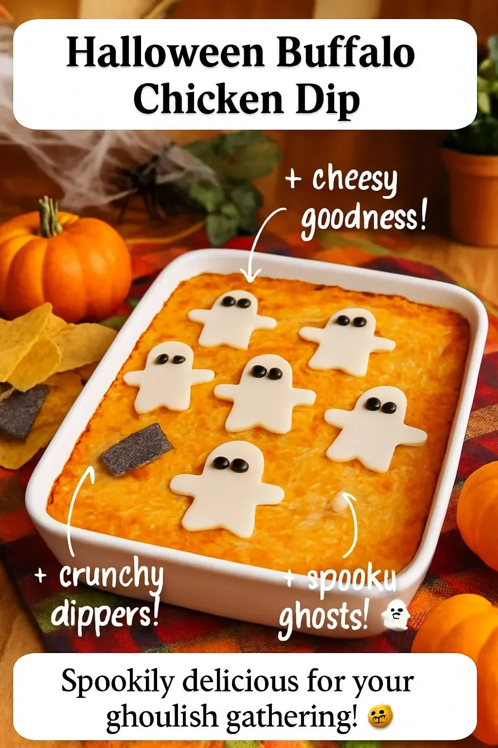 Spooky Halloween Buffalo Chicken Dip served in a carved pumpkin