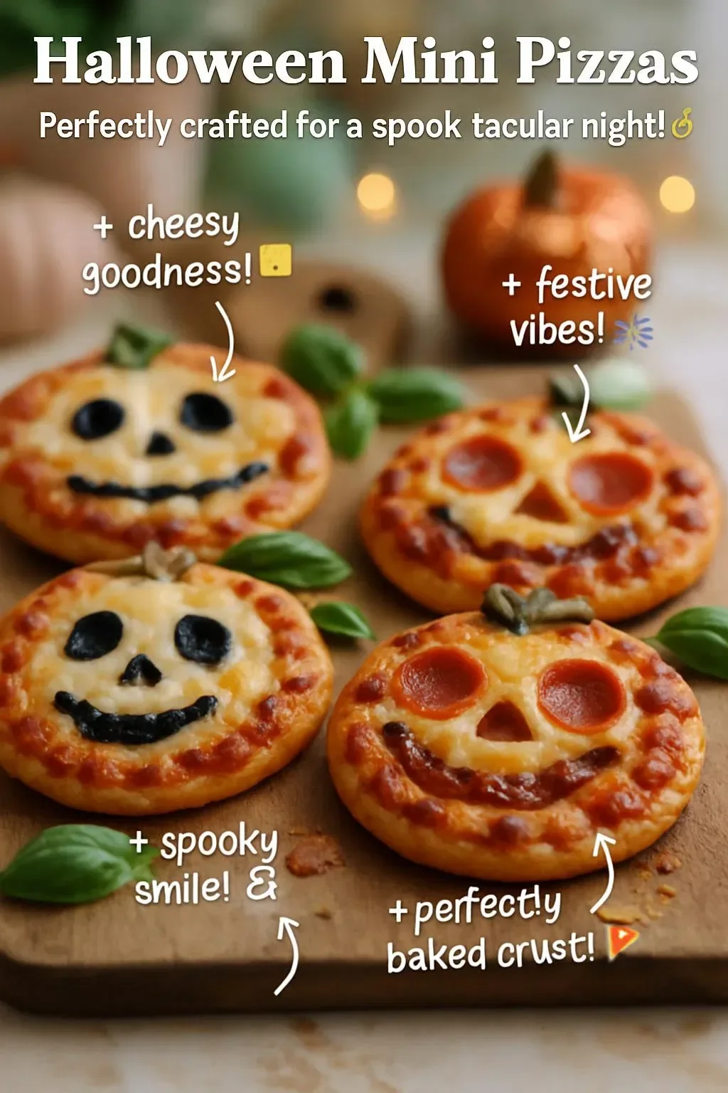 Halloween themed mini pizzas with spooky toppings