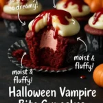 Halloween vampire bite cupcakes with red frosting resembling blood