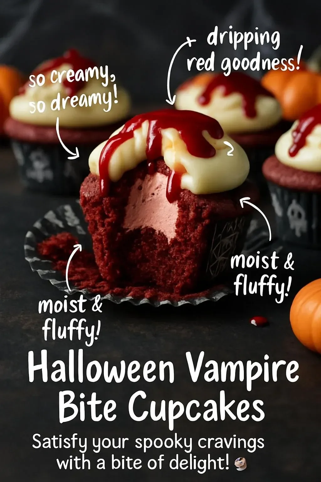Halloween vampire bite cupcakes with red frosting resembling blood