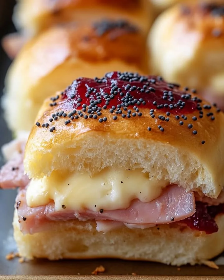 Ham and Cranberry Sliders topped with melty cheese on a platter.